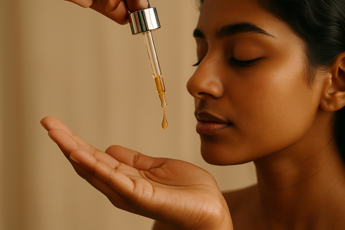 How to use a face serum, serum dropper applied to skin