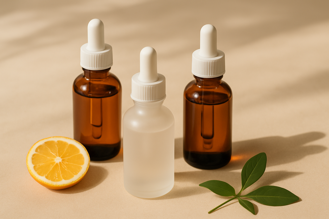 Skincare serum bottles on a warm neutral surface with ingredient labels facing forward, representing reading the label over the brand name