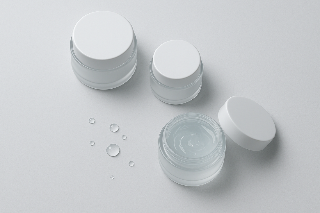 Three lightweight oil-free gel-cream moisturiser jars with water droplets on a cool neutral background