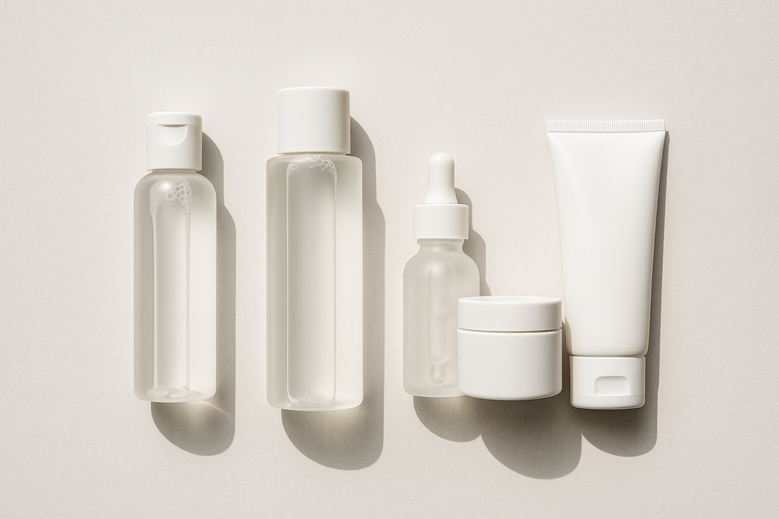 Five-step skincare routine laid out thinnest to thickest - cleanser, toner, serum, moisturiser and sunscreen - for Indian skin