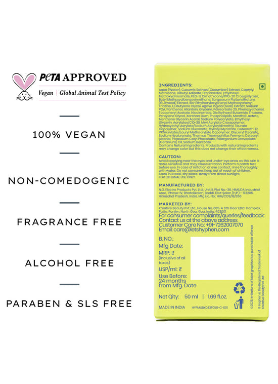 Hyphen Fluid Cooling Sunscreen SPF 50 PA++++ 50ml - certifications and back-of-pack ingredients panel