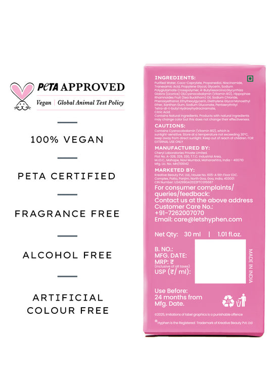 Hyphen Dual Phase Advanced De-Pigmentation Serum 30ml - certifications and back-of-pack ingredients panel