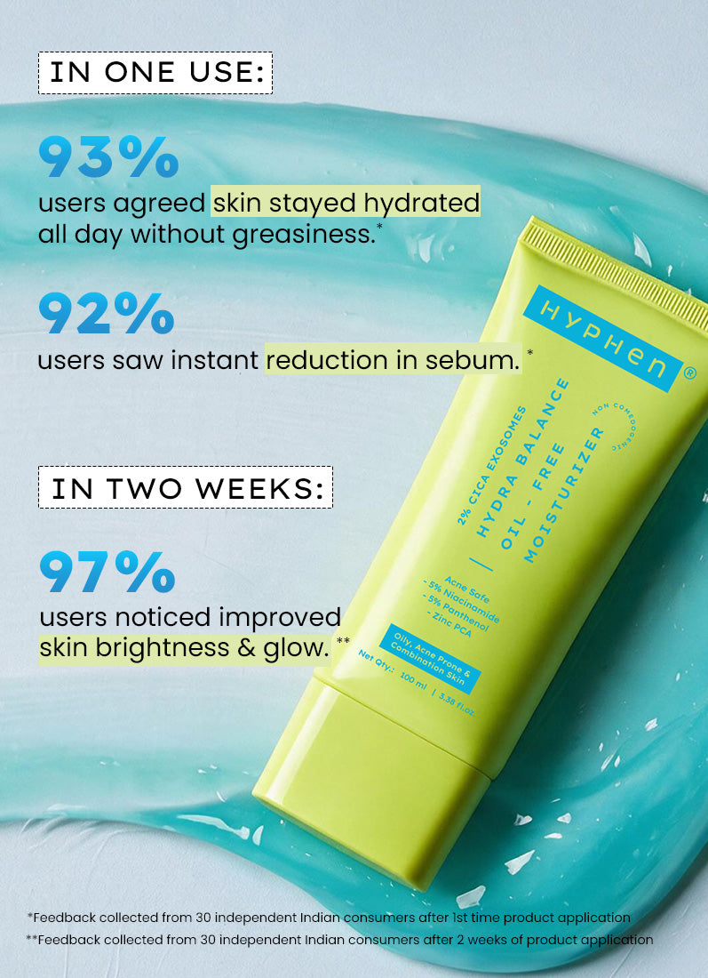 Hyphen 2% Cica Exosomes Oil-Free Moisturizer 100ml - consumer study results, 93% hydration and 97% glow in two weeks