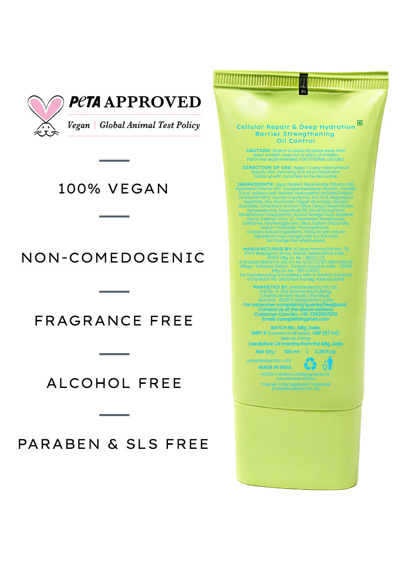 Hyphen 2% Cica Exosomes Oil-Free Moisturizer 100ml - PETA approved vegan claims and back of pack ingredients panel
