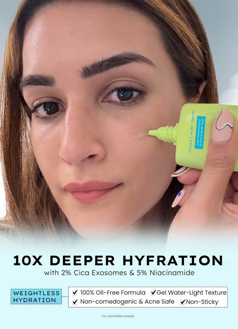 Hyphen 2% Cica Exosomes Oil-Free Moisturizer 100ml - model applying gel, 10x deeper hydration with 5% niacinamide
