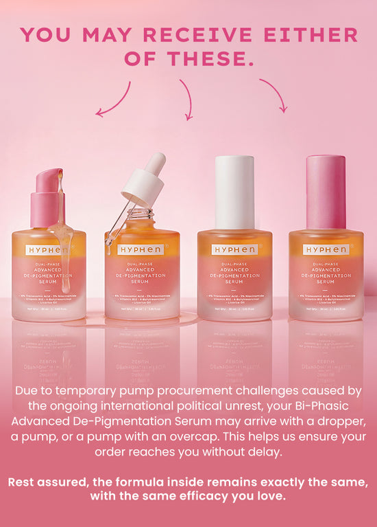 Hyphen Dual Phase De-pigmentation Serum 30ml - 4% tranexamic acid - dropper, pump and overcap packaging variants
