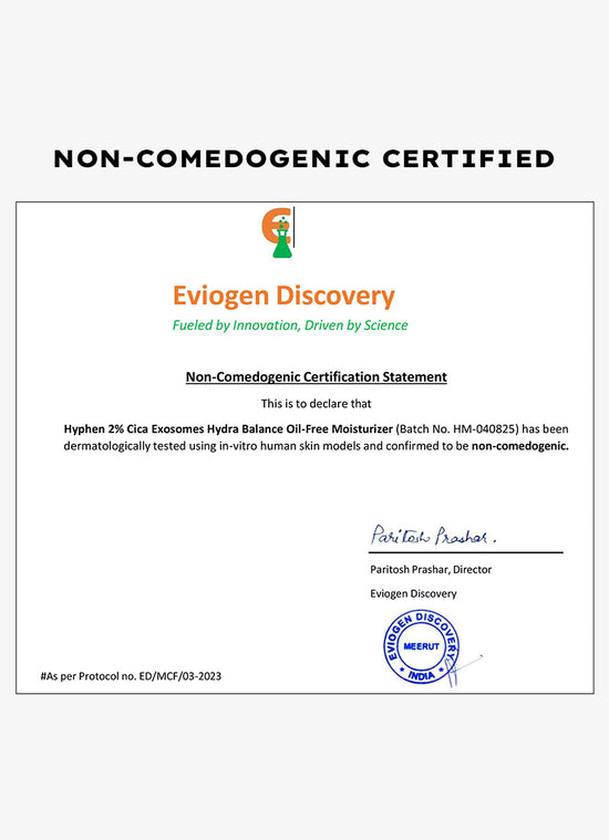 Hyphen 2% Cica Exosomes Oil-Free Moisturizer 100ml - non comedogenic certification statement from Eviogen Discovery