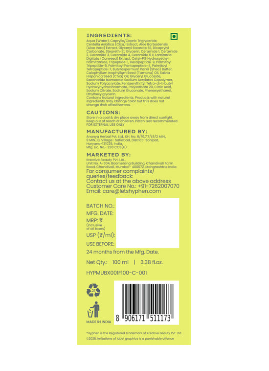 Hyphen Barrier Repair Moisturizer 100ml - back of pack ingredients, cautions and manufacturer panel