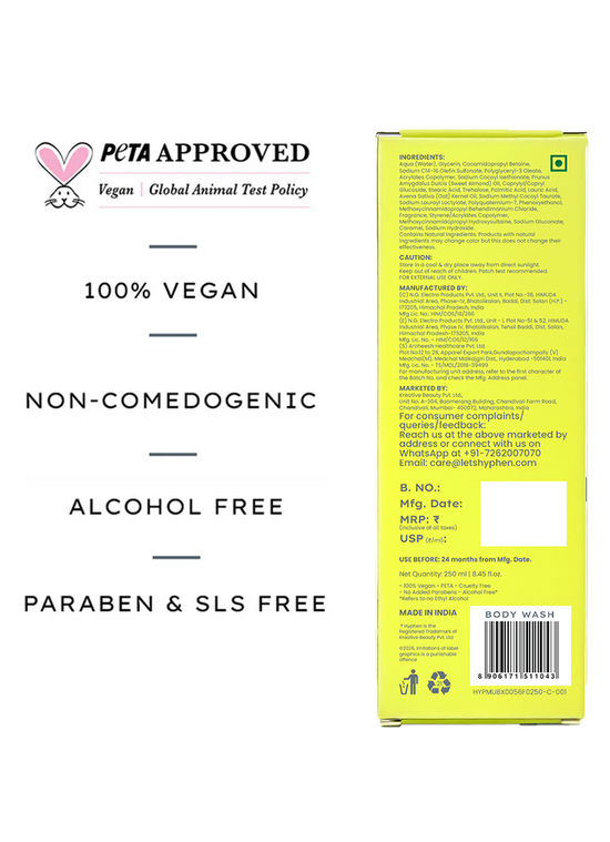 Hyphen Soak It Up Milky Body Wash 250ml - PETA approved vegan claims and back of pack ingredients panel