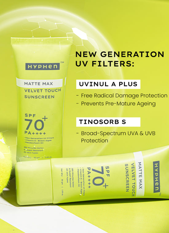 Hyphen Matte Max Velvet Touch Sunscreen SPF 70+ PA++++ - clinical results chart and benefit claims