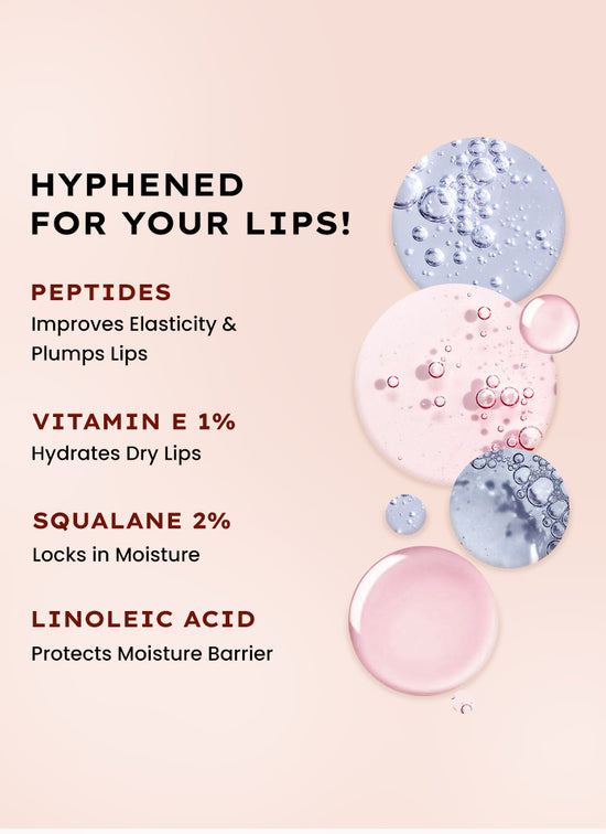 Hyphen VIP Vintage LIP Balm With 1% VIT E, 2% Squalane & Peptides - skin concern targeting infographic