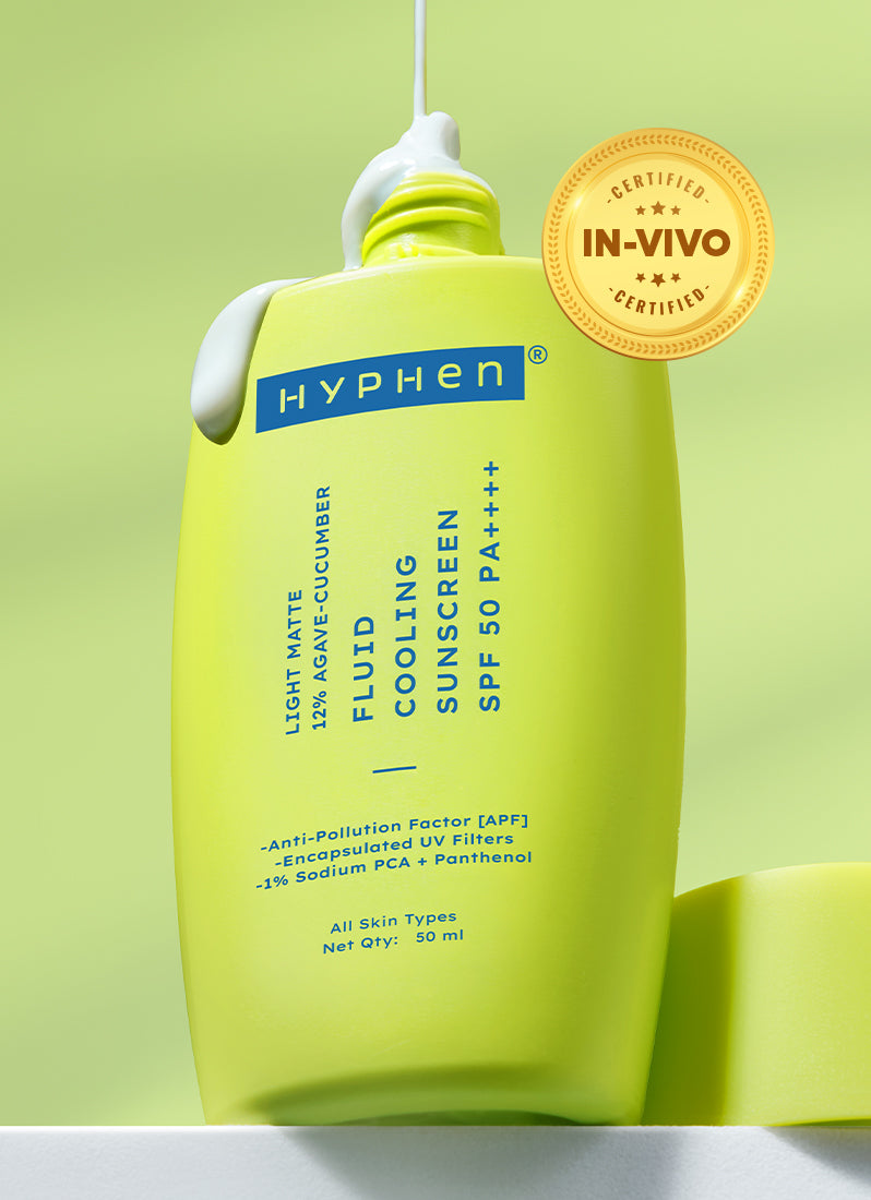 Hyphen Fluid Cooling Sunscreen SPF 50 PA++++ 50ml - front pack shot with 12% agave cucumber