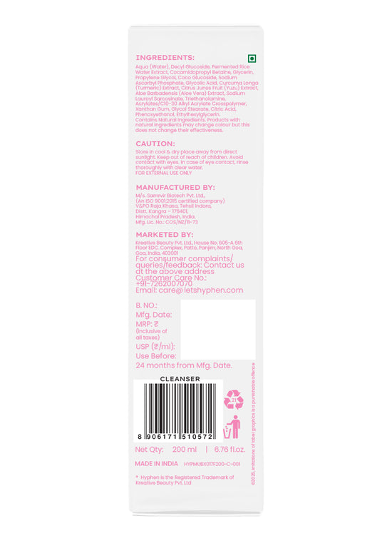 Hyphen 10% Fermented Rice Water Cleanser - 1% VIT C & 0.5% Glycolic Acid - certifications and product safety credentials